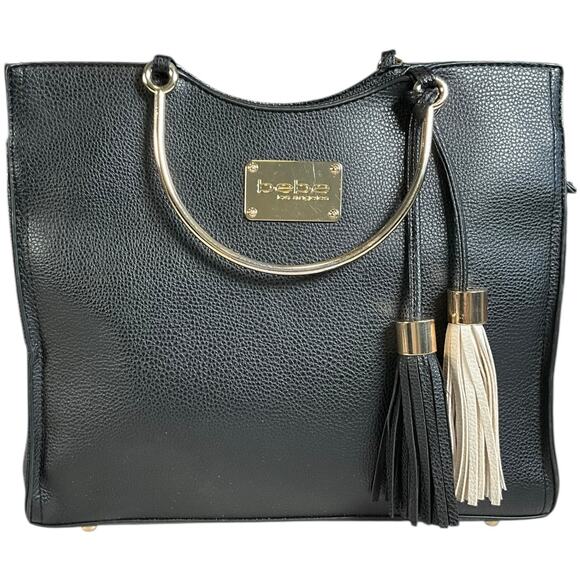 BB Los Angeles Black Tote Bag Gold Ring Handles Tassel Detail Vintage Chic Purse - Picture 1 of 12